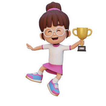 3D girl character celebrating win holding a trophy png