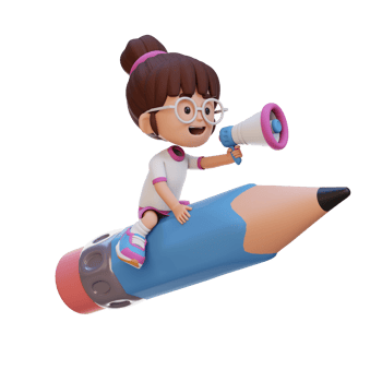 3D girl character riding a pencil and holding megaphone png
