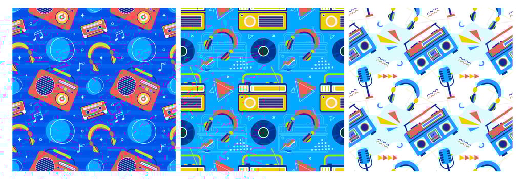 Set of Radio Seamless Pattern Illustration Design with Player for Record and Listening to Music in Flat Cartoon Template vector