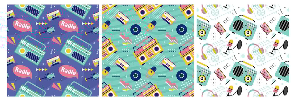 Set of Radio Seamless Pattern Illustration Design with Player for Record and Listening to Music in Flat Cartoon Template vector