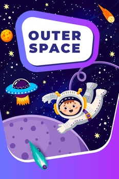 Cartoon outer space landscape, kid astronaut, UFO vector