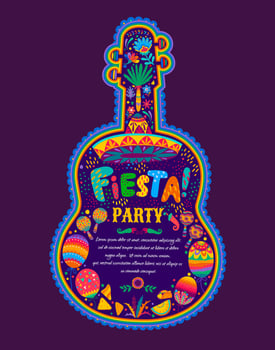 Mexican fiesta party flyer with guitar, flowers vector
