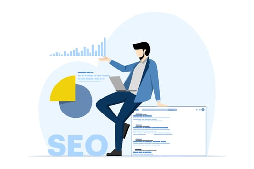 SEO analysis concept. top ranking. The SEO optimization graph is rising and the big arrow is pointing upwards. performance marketing, analytics and search engine rankings. Vector illustration.