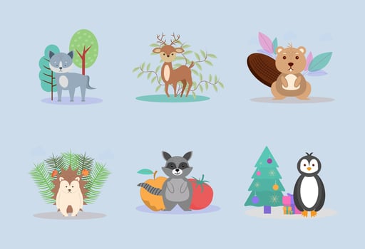 Animals wolf, deer, beaver, raccoon, penguin and hedgehog. Colorful illustration vector