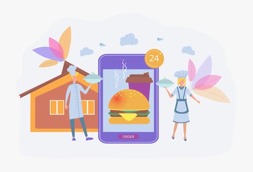 Food delivery, online food ordering. The concept of round-the-clock food, food delivery. Colorful vector illustration.