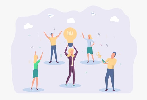 Birth metaphor of creative business idea. Business concept analysis. Office workers celebrate victory. Colorful vector illustration