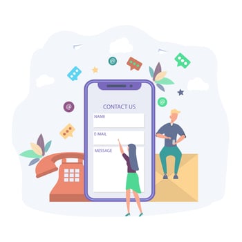 Contact us. Little people write a letter. Landing page, user interface, web page, application introductory card, editorial, flyer and banner. Colorful vector illustration.