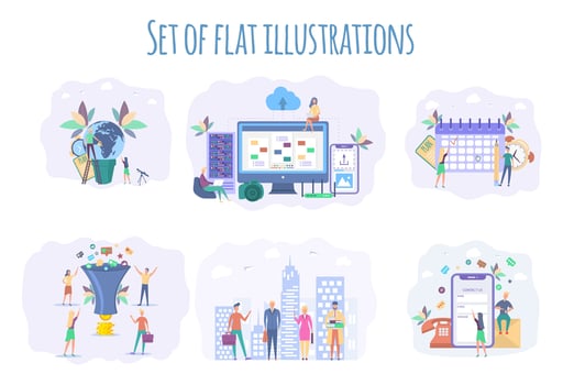 Business planning and schedule. Cloud technology and data transfer. Contact us. The organizational structure of the staff. Social media sales media. Monetization tips. Save the planet. vector