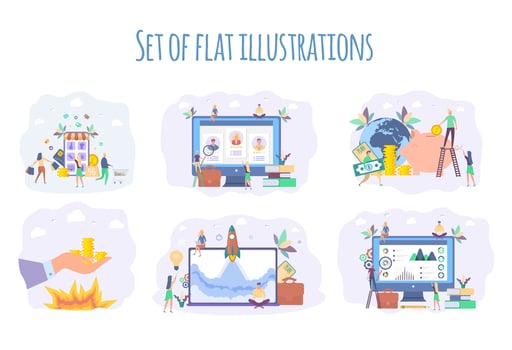 People put coins in a big piggy bank, financial services. Online stores. Attracting customers, buyers. Recruitment agency. Business startup concept, people launch a spaceship. SEO analytics. vector