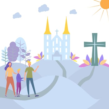 God's hands protect the planet. God gives people hope. The Bible, the word of God. Christianity. The number of believers is growing. Jesus Christ. Holy places. Bible study concept. Colorful vector