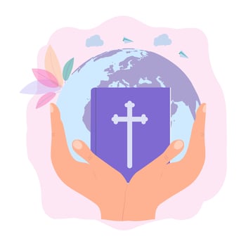 God's hands protect the planet. God gives people hope. The Bible, the word of God. Christianity. The number of believers is growing. Jesus Christ. Holy places. Bible study concept. Colorful vector