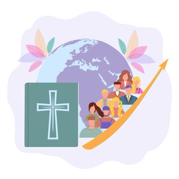 God's hands protect the planet. God gives people hope. The Bible, the word of God. Christianity. The number of believers is growing. Jesus Christ. Holy places. Bible study concept. Colorful vector