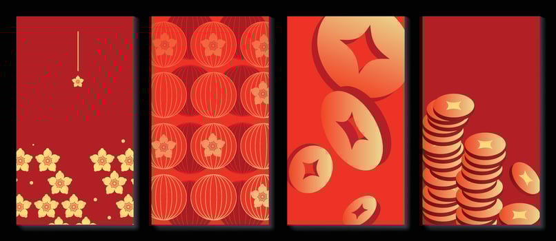 Happy Chinese New Year cover background vector. Year of the dragon design with chinese lantern, cherry blossom flower, coin 3d. Elegant oriental illustration for cover, banner, website, calendar. vector
