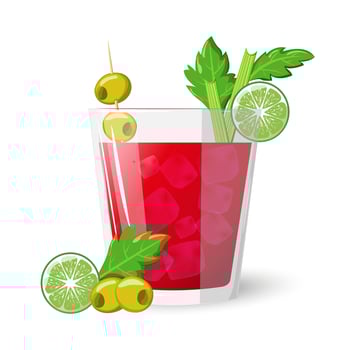 Bloody Mary day. 1 January. Glass of bloody mary cocktail with celery, olives and lime isolated on white. In cartoon style.Vector illustration vector