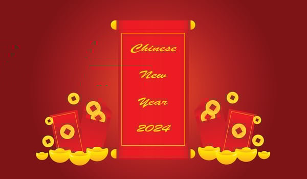 Chinese New Year Golden coins, red envelopes, wishes of good luck and wealth. Vector 3d illustration