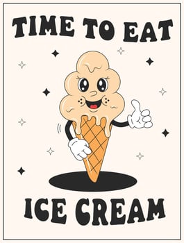Vector cartoon retro mascot of ice cream. Lettering time to eat ice cream. Vintage style 70s, 60s, 50s character. Groovy poster for coffee house and cafe.