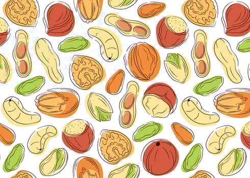 Nuts seamless pattern in line art, flat style. Pistachios, hazelnut, almond, cashew, walnuts, macadamia, peanut and pecan. Vector illustration on a white background.