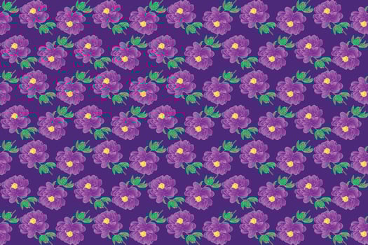 Illustration pattern of the violet peony flower with leaves on dark violet background. vector