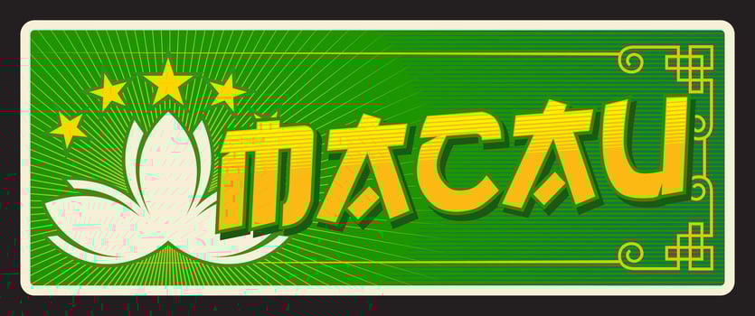 Macau Chinese travel plate, retro tin sign vector