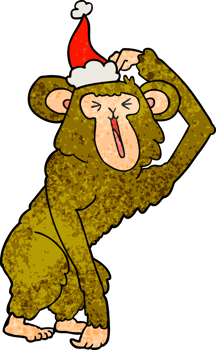 hand drawn textured cartoon of a chimp scratching head wearing santa hat png