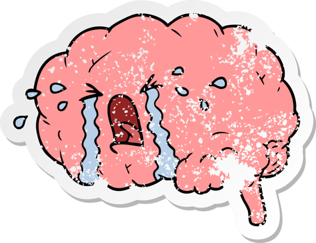 distressed sticker of a cartoon brain crying png