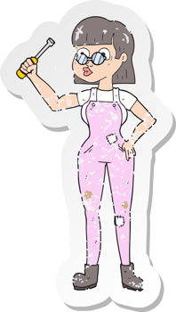 retro distressed sticker of a cartoon female mechanic png