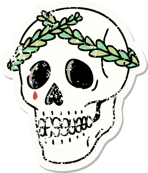 traditional distressed sticker tattoo of a skull with laurel wreath crown png