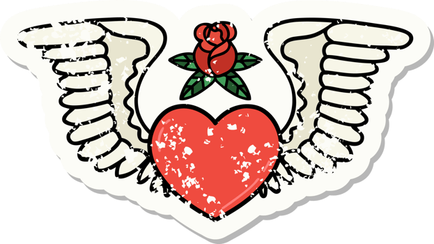 traditional distressed sticker tattoo of a heart with wings png
