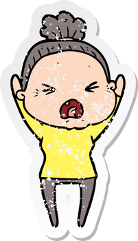 distressed sticker of a cartoon angry old woman png
