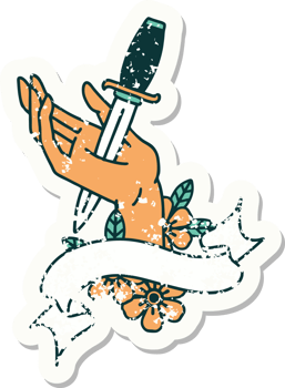worn old sticker with banner of a dagger in the hand png