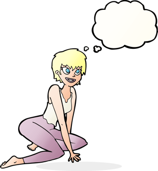 cartoon happy woman sitting on floor with thought bubble png