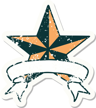 worn old sticker with banner of a star png