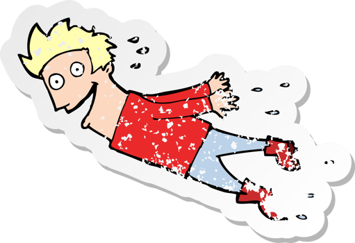 retro distressed sticker of a cartoon drenched man flying drawing png