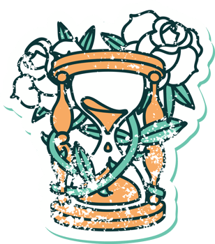 iconic distressed sticker tattoo style image of an hour glass and flowers png