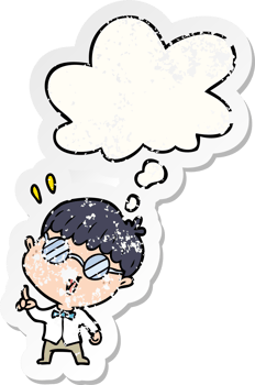 cartoon clever boy with thought bubble as a distressed worn sticker png