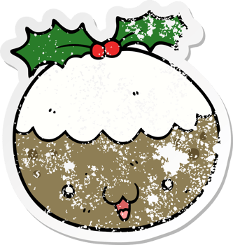 distressed sticker of a cute cartoon christmas pudding png