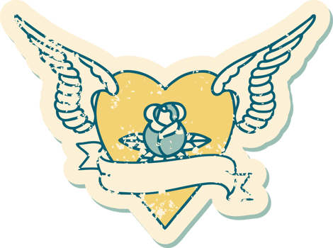 iconic distressed sticker tattoo style image of heart with wings a rose and banner png