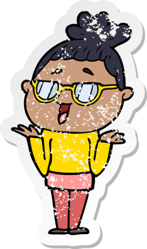 distressed sticker of a cartoon happy woman wearing spectacles png