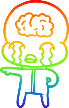 rainbow gradient line drawing of a cartoon big brain alien crying png
