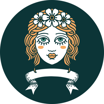 icon with banner of female face with crown of flowers png
