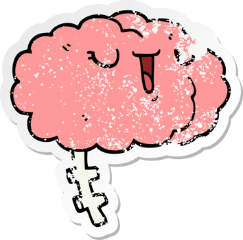 distressed sticker of a happy cartoon brain png