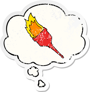 cartoon flaming torch and thought bubble as a distressed worn sticker png