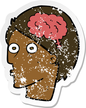 retro distressed sticker of a cartoon head with brain symbol png