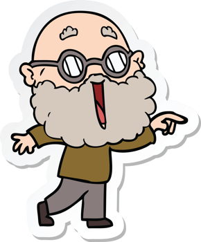 sticker of a cartoon joyful man with beard pointing finger png