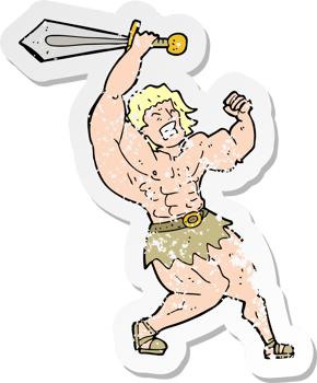 retro distressed sticker of a cartoon barbarian hero drawing png