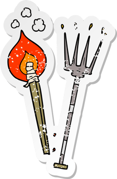 distressed sticker of a cartoon pitchfork and burning brand png