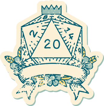 Retro Tattoo Style natural 20 critical hit D20 dice roll png