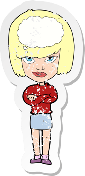 retro distressed sticker of a cartoon woman with folded arms imagining drawing png