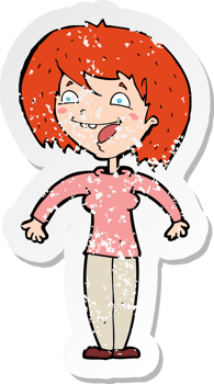 retro distressed sticker of a cartoon excited woman drawing png