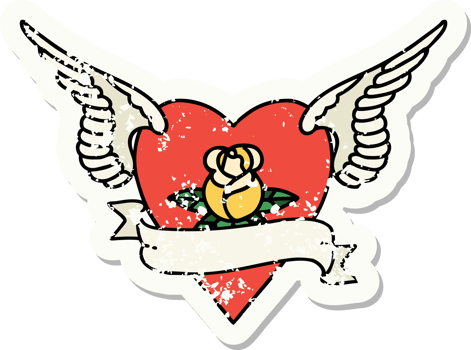 traditional distressed sticker tattoo of a heart with wings a rose and banner png